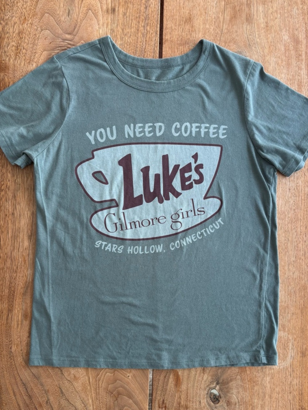 Luke's Gilmore Girls Tee - Women’s Small - Slate Green with Maroon Print P2P 19”